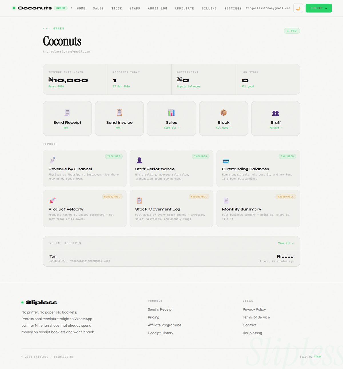 Slipless receipt dashboard